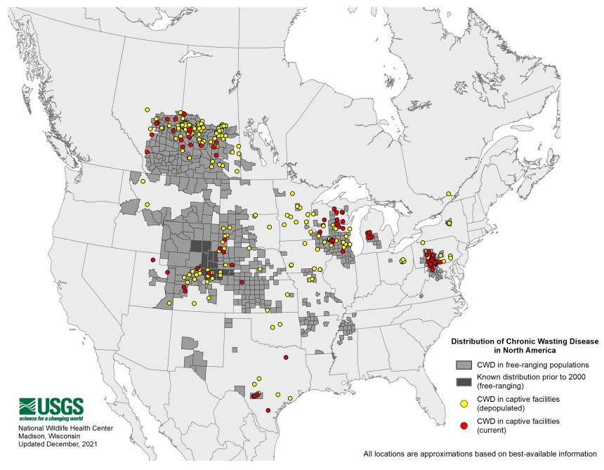 Locations in North America where Chronic Wasting Disease has been confirmed.