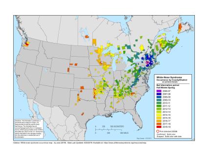 Map showing spread of white-nose syndrome in North America
