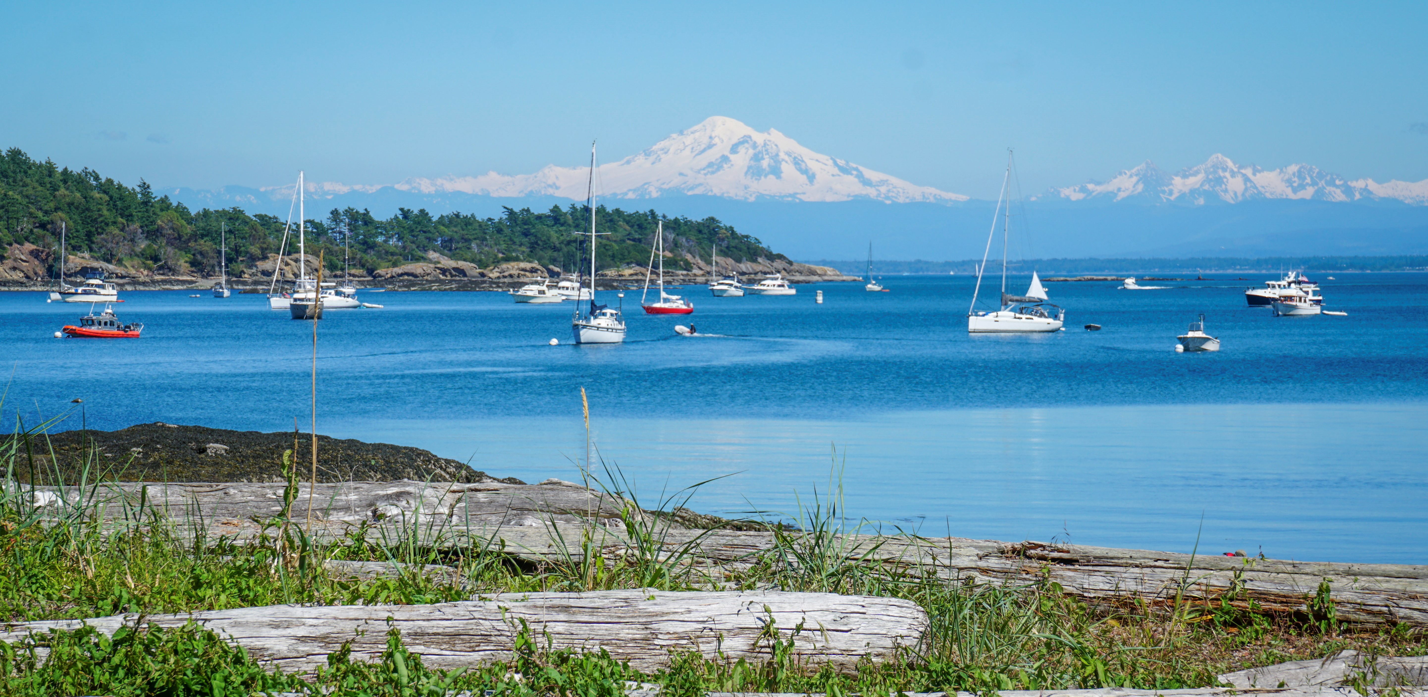 Boats in the San Juan Islands with Mount Baker in the background