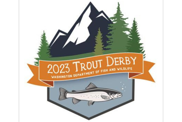 Logo with trout and mountains for 2023 Trout Derby