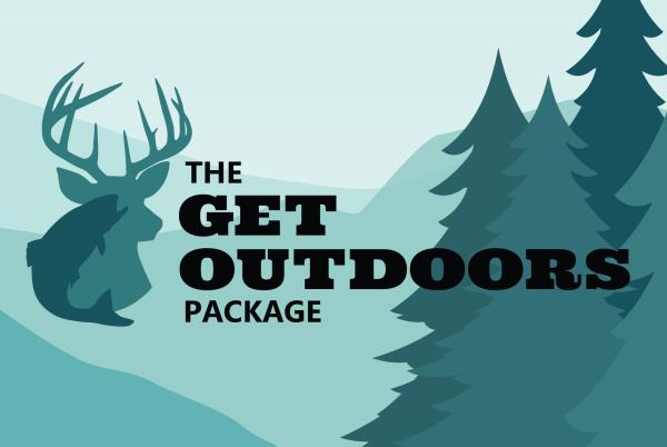 "The Get Outdoors package" lettering appears in black over a background of green mountains and conifer trees next to its logo of an intertwined salmon and buck deer.