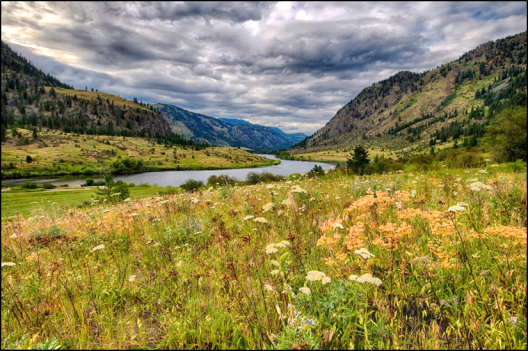 Field with river and mountains in the background