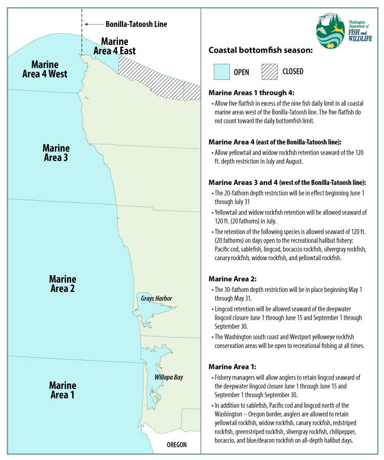 Map of Marine Areas open for the 2021 bottomfish season. 