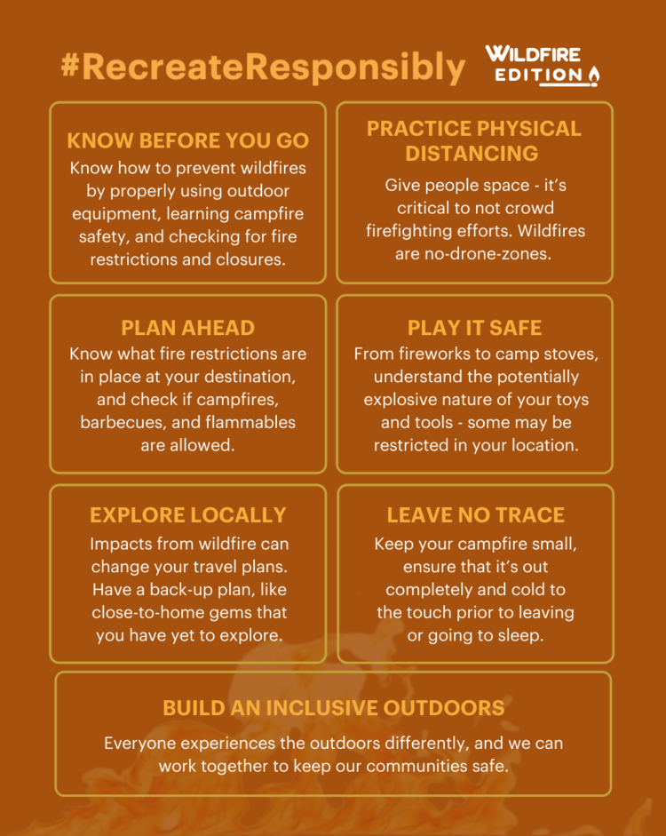 Graphic of recreate responsibly tips for wildfire season
