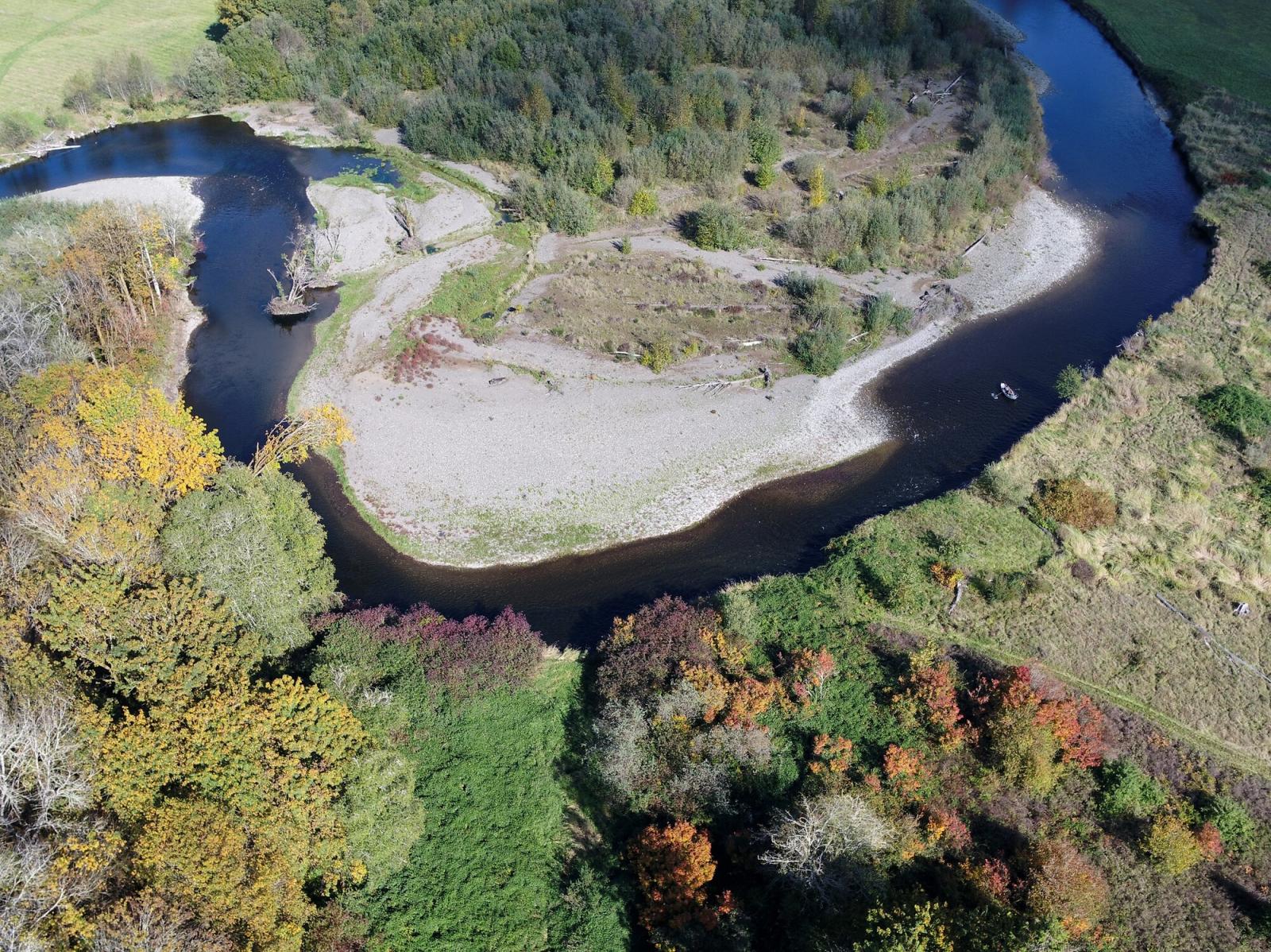 aerial view of river making a sharp turn