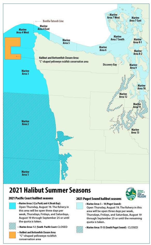 Map of Marine Areas open for the 2021 late summer halibut season
