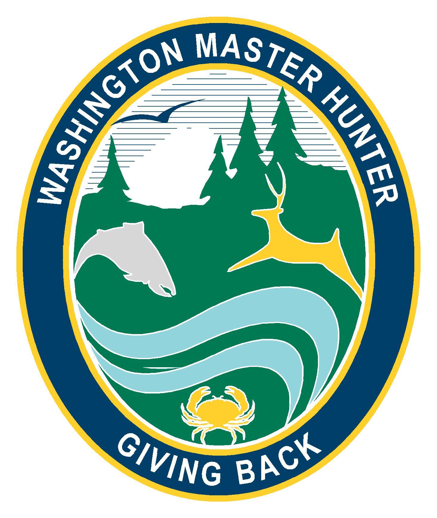 A circular WDFW logo surrounded by the words "Washington Master Hunter," "Giving Back" in the margins.