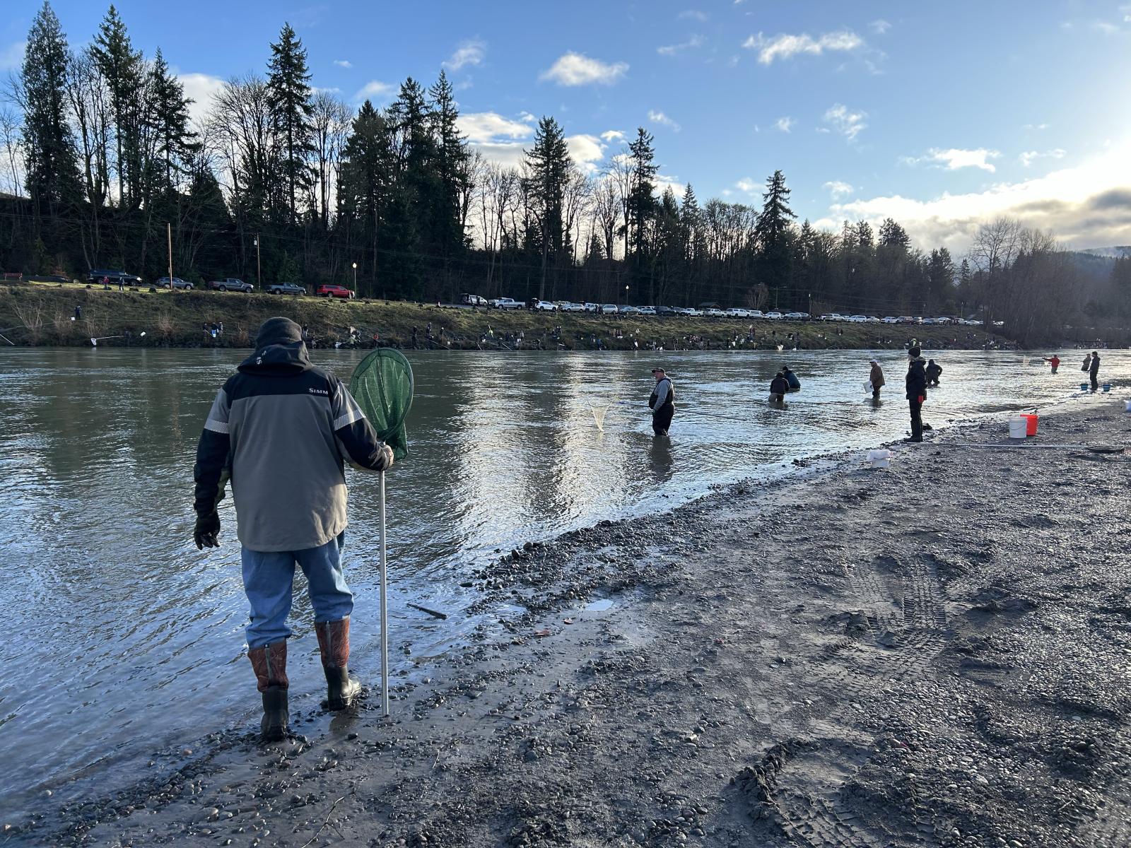 Harvesters dip net for smelt in the Cowlitz River.