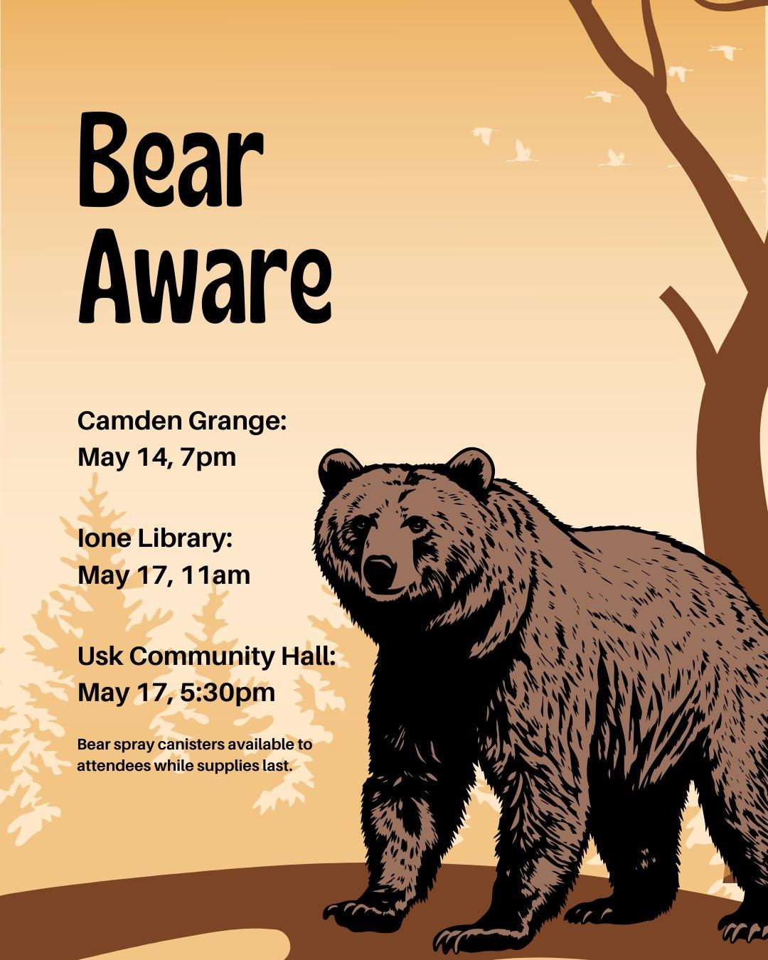 A Bear Aware poster showing dates for three free events on May 14 and 17, 2025