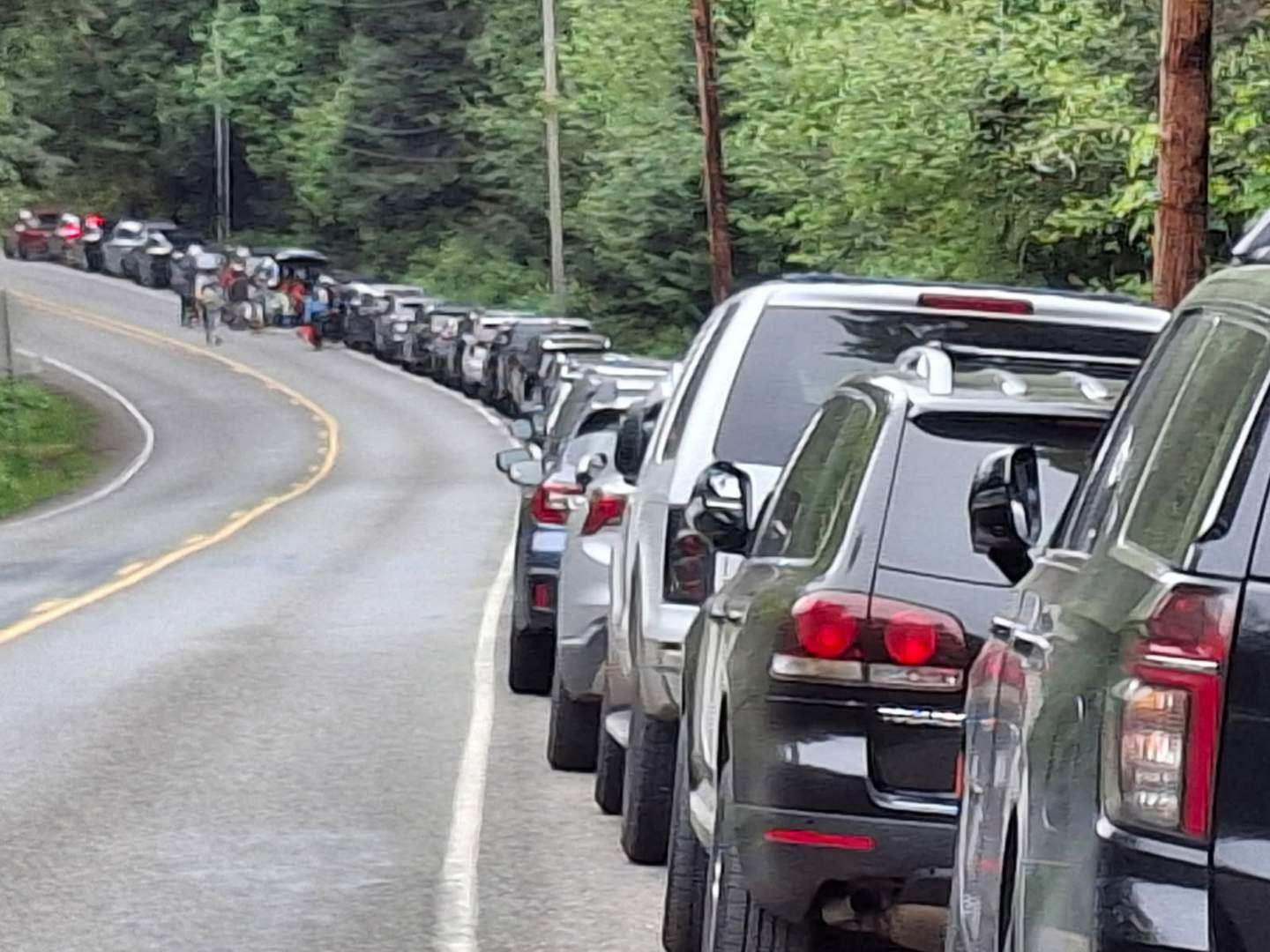 Cars parked along roadway near Shine Tidelands and Wolfe Property shellfish beaches on April 27, 2025.