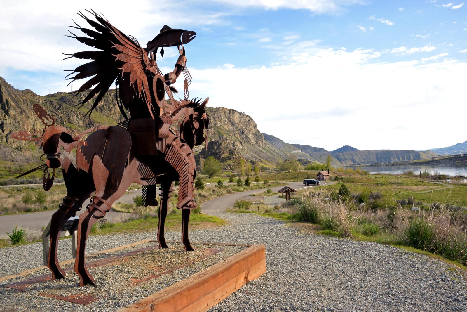 Salmon chief sculpture at Beebe Springs Wildife Area Unit.
