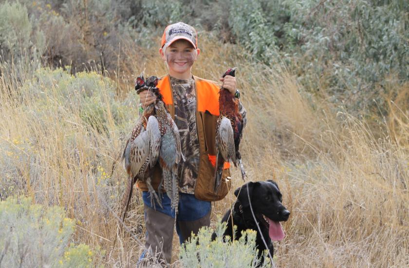 Young boy hunter holding three freshly harvested pheasants with black labrador retriever by his side.