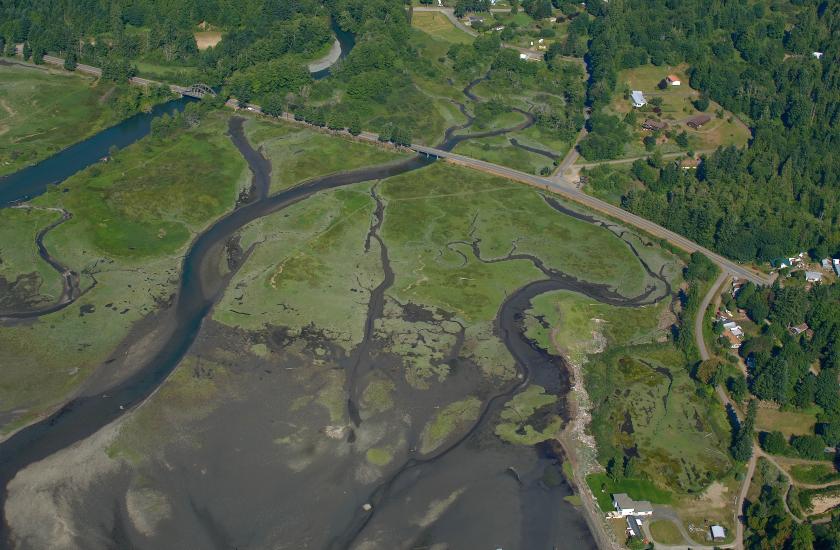 Aerial view of Duckabush River estuary on Hood Canal