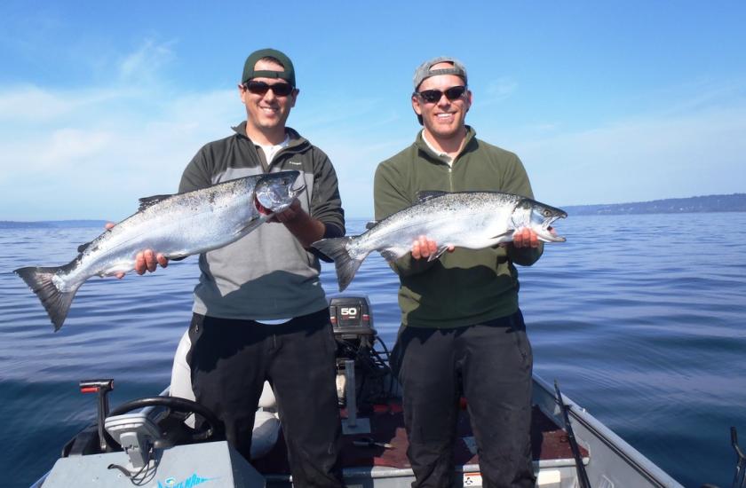 Anglers with coho salmon in Puget Sound