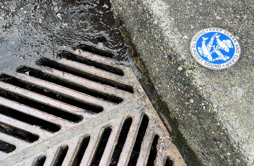 Water flows into a storm drain labeled "Keep clean and clear — drains to Puget Sound"