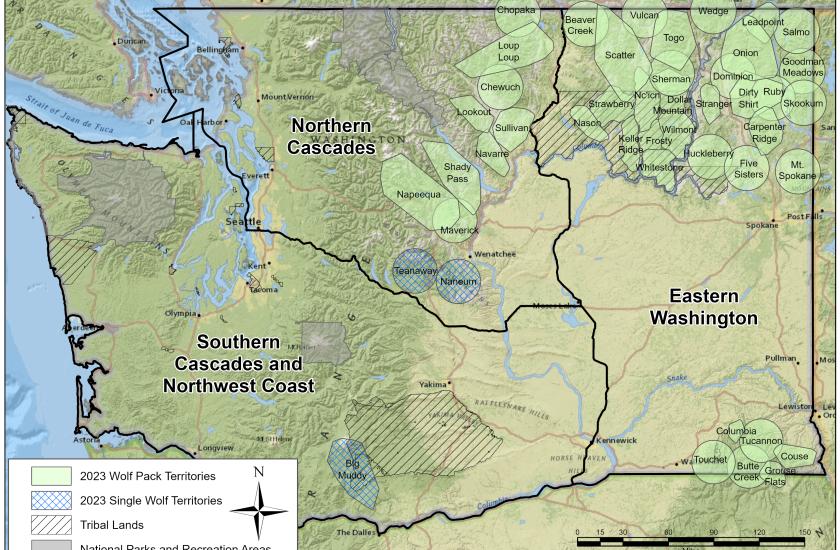Map of wolf packs in Washington in 2023