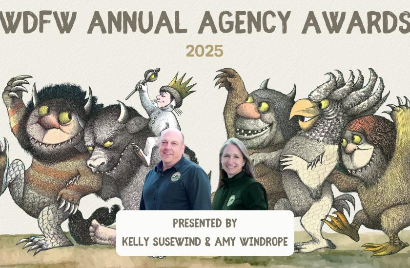 A graphic with a photo of WDFW's director and deputy director in front of it.