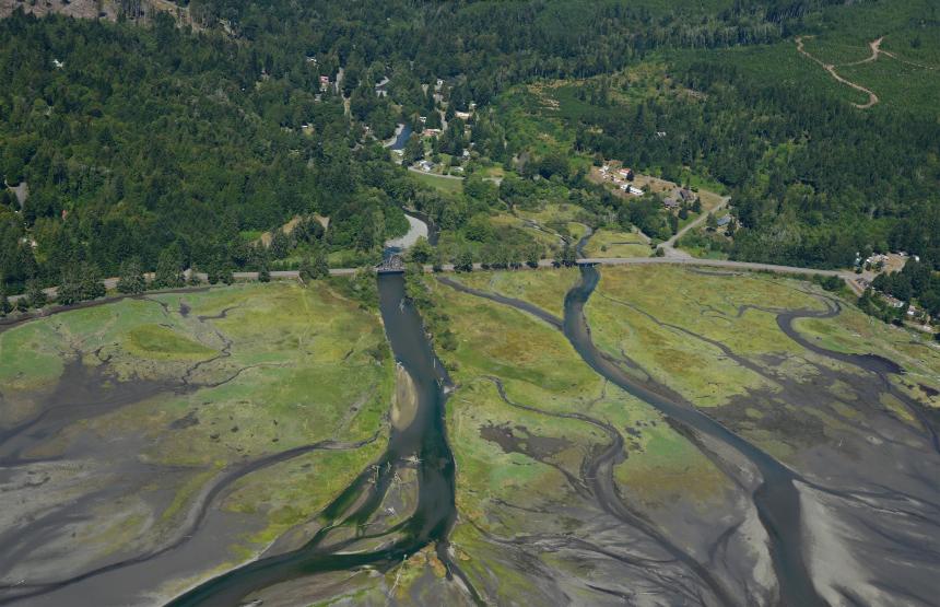 Aerial view of Duckabush River estuary on Hood Canal