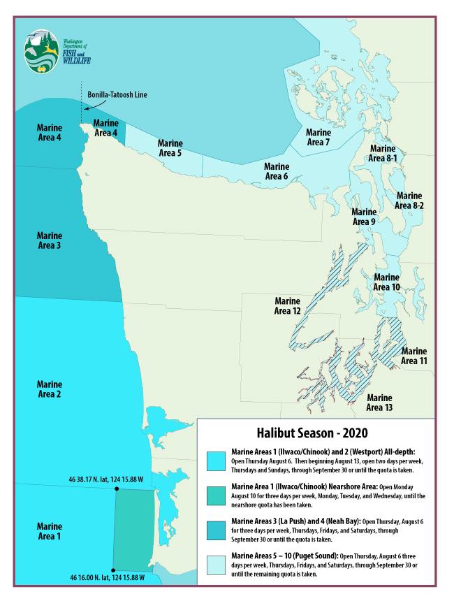 Map of marine areas open to recreational halibut fishing