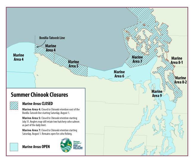 Map of marine areas closed to Chinook salmon fishing closed Aug. 2020 