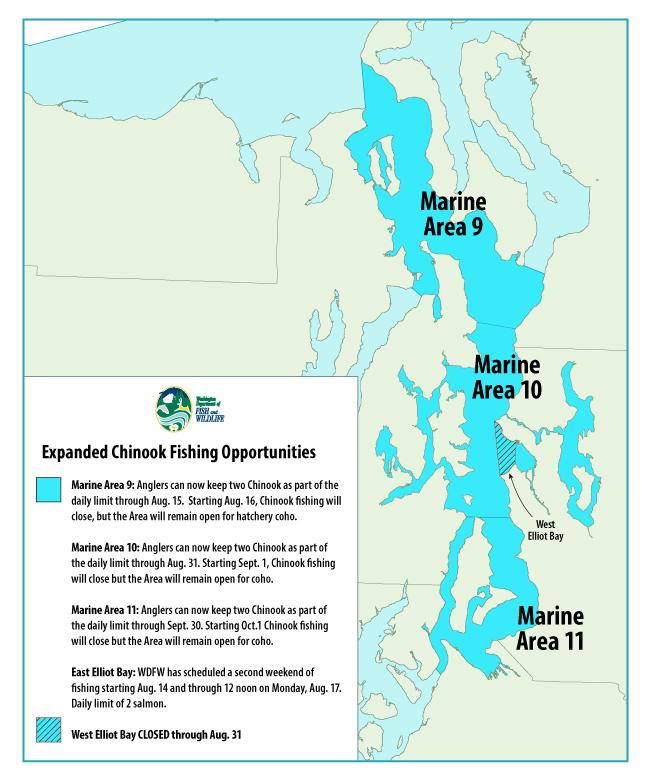 Map of select central Puget Sound Marine Areas with expanded Chinook salmon fishing opportunities 