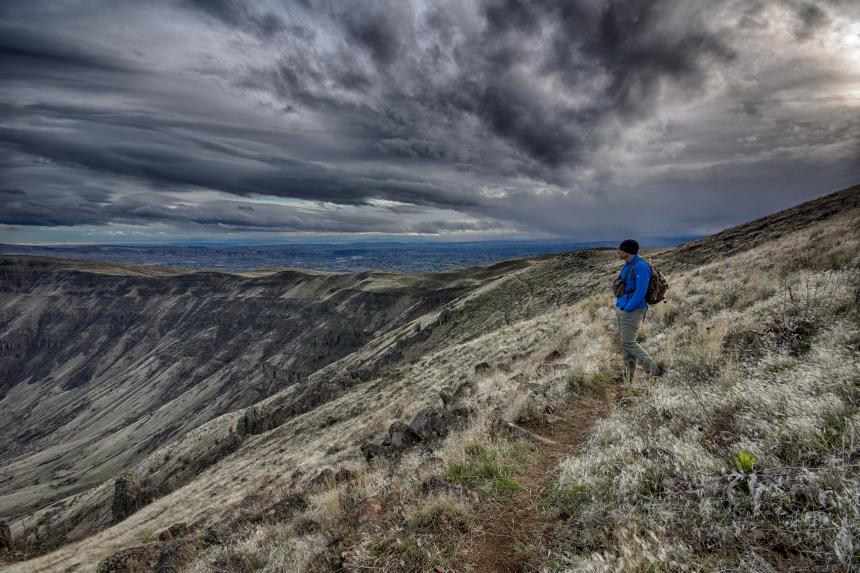 Hiker looks out over arid landscape