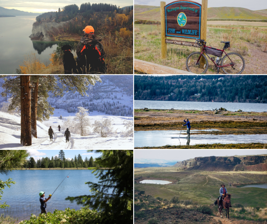 Collage of six photos of people enjoying various recreation outdoors