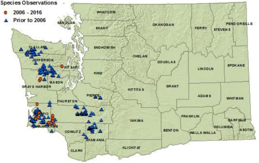 Van Dyke's salamander state distribution map: all Olympic Peninsula and southwest counties plus Thurston and Pierce 