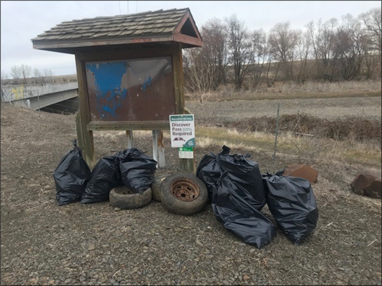 A sign with collect garbage at its base