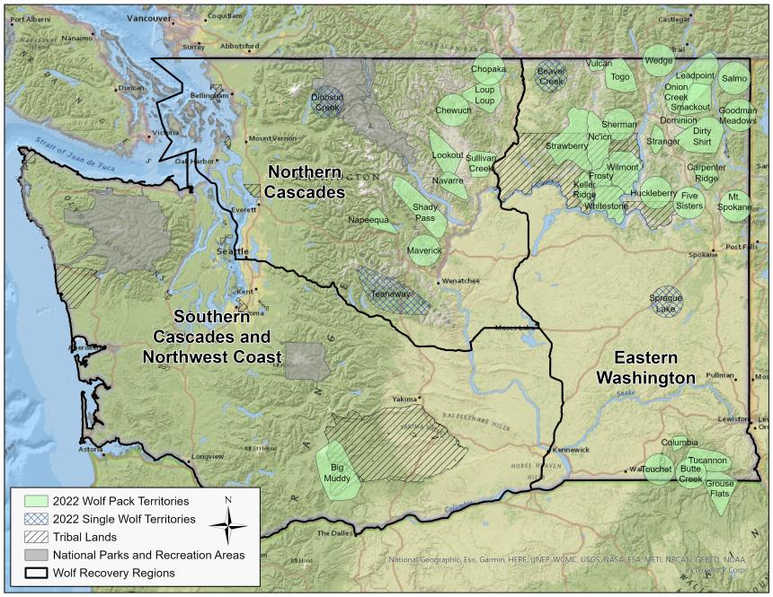Map of wolf packs in Washington