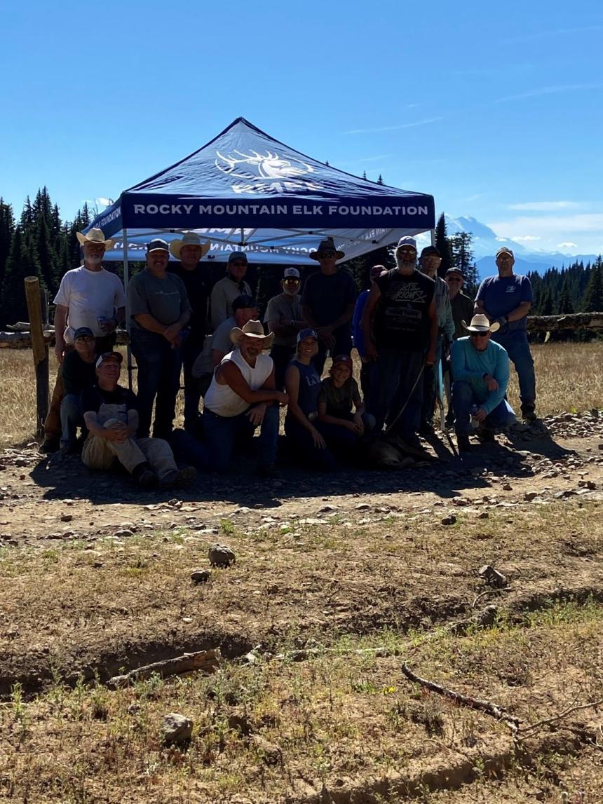 Oak Creek Wildlife Area, Rock Creek Unit: Partial group picture of RMEF fencing volunteers (Mt Rainier in background)