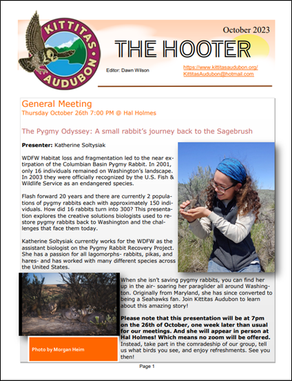 A copy of the newsletter announcement from the Kittitas Audubon Society.