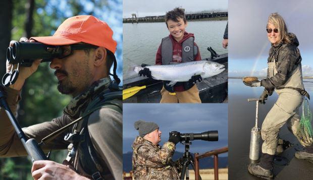 Photo collage with person scoping wildlife while hunting, kid fishing, person clam digging, and person watching wildlife. 