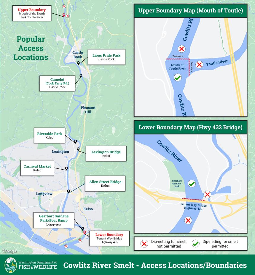 Map of the designated portion of the Cowlitz River open to dip-netting smelt from 1 p.m. to 6 p.m. on Tuesday, March 5.