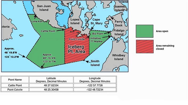 A map depicting open and closed areas for shrimp fishing in Marine Area 7