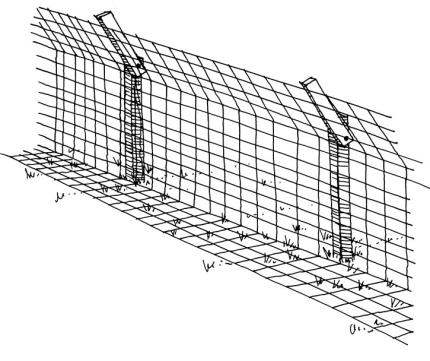 A drawing of a tunneling-proof coyote fence.