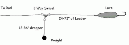 Diagram showing how a plunking rig is set up with a lure and 3 way swivel