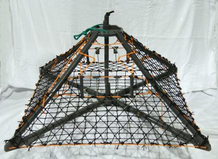 Pyramid shaped metal crab pot with wire mesh