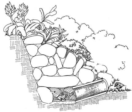 Illustration showing how to build a rock pile or wall that will be attractive to snakes for a habitat