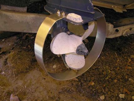 Circular metal guard surrounding boat propeller