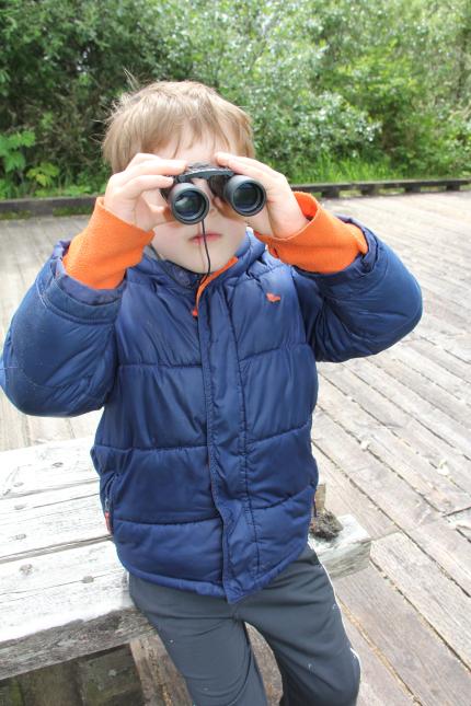 A child watches wildlife with binoculars.
