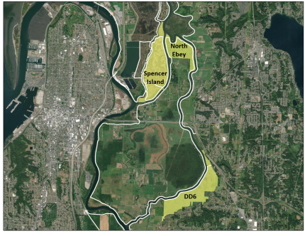 Shows locations of Spencer Island, North Ebey, and DD6 properties