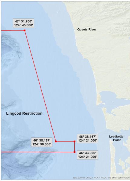 Map showing the boundary coordinates for fishing lingcod in the Columbia River
