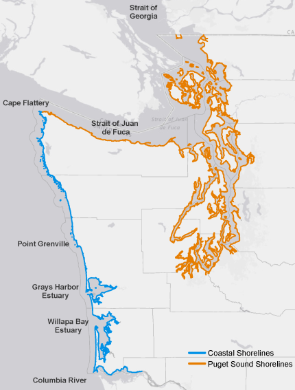 Map of Washington that highlights coastal and Puget Sound shorelines