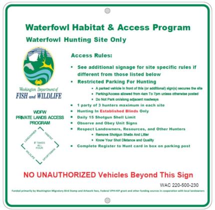 Waterfowl Habitat and Access Program access sign example.