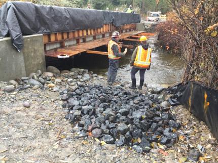 Two people standing near construction site along stream