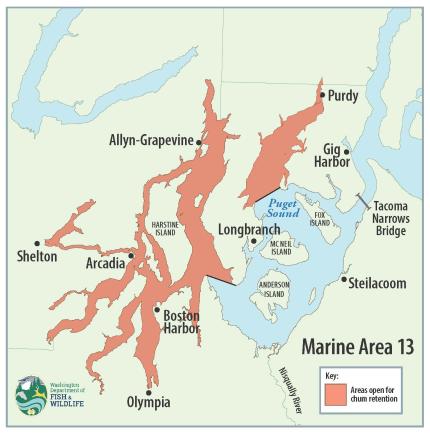 Image depicts area open to chum retention in Marine Area 13.