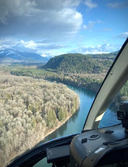 View from the helicopter along the Skagit River during the 2023 North Cascades elk herd survey 