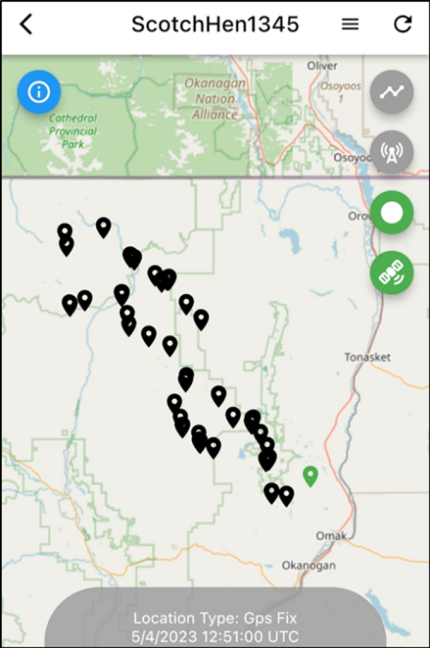 Exploratory movements of a sharp-tail hen released at the Scotch Creek Wildlife Area. 