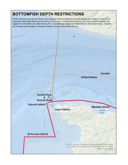 Marine Area 3 and 4 bottomfish restriction map